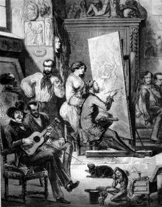 19. yüzyılda bir ressamın atölyesi. Bazıları müzik çalar, bazıları ise ressam resim yaparken sigara içer. 19. yüzyıl gravürü by Unknown artist