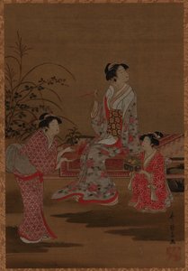 Bir bahçede oturan iki kız görevli ile genç kadın by Unknown artist