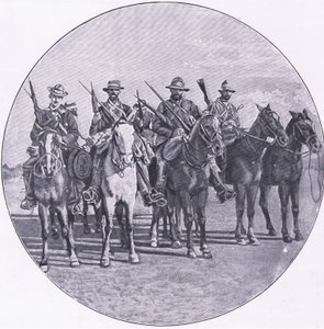 Harmsworth Bros Limited tarafından yayınlanan After Pretoria: The Guerilla War'dan tüfekler ve şemsiyelerle silahlanmış Boerler by Unknown photographer