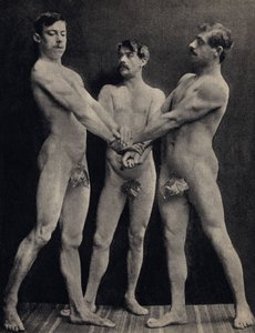 Horaceların Yemini, yemin eden üç çıplak adam pozu veriyor. Fotoğraf, 19. yüzyıl sonu, Paris. Kol. Selva. by Unknown photographer