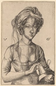 Ters çevrilmiş lambasını tutan aptal bir bakirenin büstü figürü by Urs Graf I after Martin Schongauer