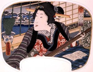 Kış, Shinobazu Göleti; Balad çalan bir geyşa, mevsimleri gösteren dörtlü setten bir hayran için tasarım by Utagawa Kunisada