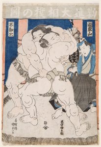 Sumo güreşçilerinin savaşı. Utagawa Kunisada Damgası (1786-1865) - Sumo Güreşçileri Eylemde, yazan Kunisada (Toyokuni III), Utagawa (1786-1865). Renkli gravür. Boyut: 37.5x26 cm. Özel koleksiyon by Utagawa Kunisada