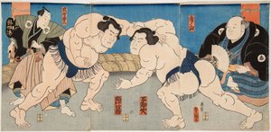 Shiranui ve Jimmaku sumo dövüşçüleri. Estampe de Utagawa Kunisada (1786-1865), vers 1860 - Shiranui vs Jimmaku güreş maçı, yazan Kunisada (Toyokuni III), Utagawa (1786-1865). renkli gravür by Utagawa Kunisada