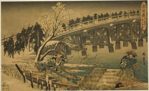 Bölüm 11, Bölüm 1: "Sadık Hizmetlilerin İntikamı (Chushingura)" dizisinden Gece Saldırısına Yaklaşım (Juichidanme ichi, yochi oshiyose) by Utagawa Hiroshige