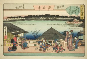 Ikenohata'daki (Ikenohata seiro hanami no yasumi, Horaitei) Horaitei Restaurant'ta Kiraz Çiçeklerini İzleyen Nezaketçiler, "Edo'nun Ünlü Restoranları (Edo komei kaitei zukushi)" dizisinden by Utagawa Hiroshige