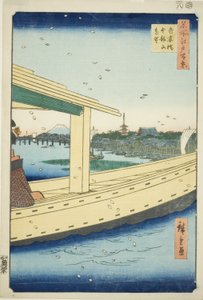 Distant View of Azuma Bridge and Kinryuzan Temple (Azumabashi Kinryuzan enbo), from the series "One Hundred Famous Views of Edo (Meisho Edo hyakkei)" by Utagawa Hiroshige