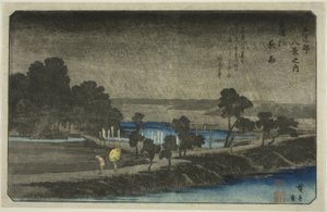 Azuma Tapınağında Akşam Yağmuru (Azuma no mori yau), "Edo Çevresinde Sekiz Manzara (Edo Kinko hakkei no uchi)" serisinden by Utagawa Hiroshige