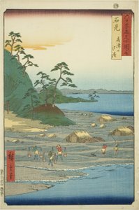Iwami Eyaleti: "Altmış Tek İldeki Ünlü Yerler (Rokujuyoshu meisho zue)" serisinden Takatsu Tepesi (Iwami, Takatsuyama shiohama) yakınlarındaki Tuzlu Plajlar by Utagawa Hiroshige