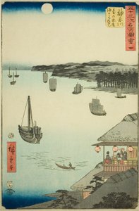 Kanagawa: Tepedeki Çayevlerinden Deniz Manzarası (Kanagawa, dai no chaya kaijo miharashi), no. Dikey Tokaido olarak da bilinen "Elli Üç İstasyonun Ünlü Manzaraları (Gojusan tsugi meisho zue)" serisinden 4 by Utagawa Hiroshige