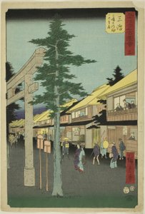 Mishima: Mishima Daimyojin Tapınağının İlk Kapısı, no. Dikey Tokaido olarak da bilinen "Elli Üç İstasyonun Ünlü Görüşü (Gojusan tsugi meisho zue)" serisinden 12 by Utagawa Hiroshige