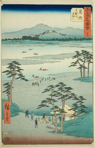 Mitsuke: Tenryu Nehri üzerindeki Feribot (Mitsuke, Tenryugawa funewatashi), "Elli Üç İstasyonun Ünlü Manzaraları (Gojusan tsugi meisho zue)" serisinden no. 29, Dikey Tokaido olarak da bilinir by Utagawa Hiroshige