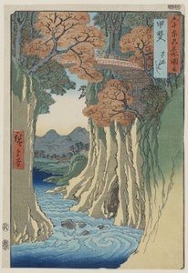 Rokuju-yoshu Meisho zue (60 ve Diğer İllerden Ünlü Yerler) dizisinden Kai Eyaletindeki Maymun Köprüsü, pub. 1853 (renkli tahta baskı)
