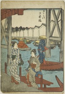 Japan Bri dge (Nihonbashi), serinin kentsel derecesinin "ellinci lee S tachi sesi" nden "(ana dağın yanında)," kaba bir k w s te Şekil Kent Derecesi (Kişi Kent Derecesi) by Utagawa Hiroshige