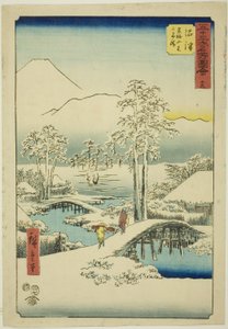Numazu: Kardan Sonra Açık Havada Fuji Dağı ve Ashigara Dağı, no. 13 (Numazu, Ashigarayama Fuji no yukibare), "Elli Üç İstasyonun Ünlü Manzaraları (Gojusan tsugi meisho zue)" serisinden Dikey Tokaido olarak da bilinir by Utagawa Hiroshige