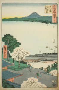 Otsu: Distant View of Otsu and the Lake from the Kannon Hall of Mii Temple (Otsu, Miidera Kannondo yori Otsu no machi kosui chobo), no. 54 from the series "Famous Sights of the Fifty-three Stations (Gojusan tsugi meisho zue)," also known as the Vertical To by Utagawa Hiroshige