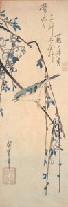 Kiraz Dalı Üzerinde Kırmızı Kanatlı Bluetail by Utagawa Hiroshige