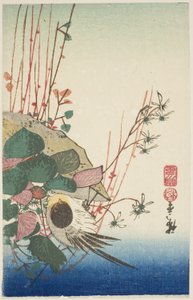 Asılı bir ekici üzerinde serçe by Utagawa Hiroshige