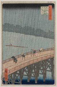 Edo'nun Yüz Ünlü Manzarası serisinden Shin-Ōhashi Köprüsü ve Atake üzerinde Ani Duş by Utagawa Hiroshige