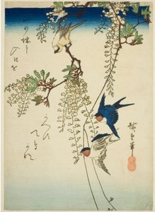 Kırlangıç, sarı kuş ve wisteria by Utagawa Hiroshige