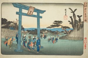 Fukagawa'daki Tomigaoka Hachiman Mabedi (Fukagawa Tomigaoka Hachiman), "Edo'daki Ünlü Yerler (Koto meisho)" serisinden by Utagawa Hiroshige