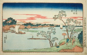 "Doğu Başkentinin Ünlü Manzaraları (Toto Meisho)" serisinden Sumida Nehri boyunca Yapraklı Kiraz Ağaçlarının Görünümü (Sumidagawa hazakura no kei) by Utagawa Hiroshige