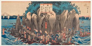 Enoshima, Sagami, c.1850-51 (tahta blok) Benzaiten Mağarası ve Mabedi