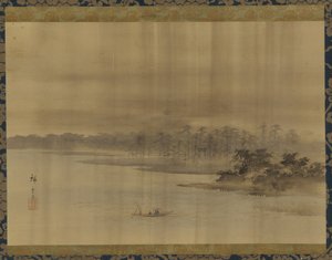 Nehir manzarası ve yağmurda tapınak, Edo dönemi, 19. yüzyıl. by Utagawa Hiroshige II