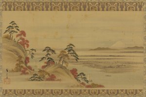 Nehir manzarası: kırmızı yapraklar ve Fuji Dağı, Edo dönemi, 19. yüzyılın ortaları.