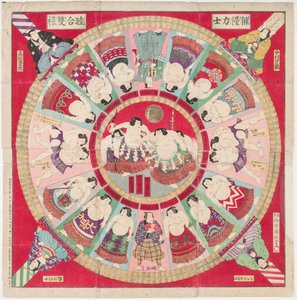 Sugoroku oyunu (tahtası sumo güreşçileri ve bir dövüş sahnesi ile süslenmiş geleneksel masa oyunu). Yazdıran Utagawa Kunisada II (1848-1920) - Sugoroku Oyunu, Kunisada III (Kunimasa IV), Utagawa (1848-1920) tarafından. Renkli gravür. Boyut : by Utagawa IV Kunimasa
