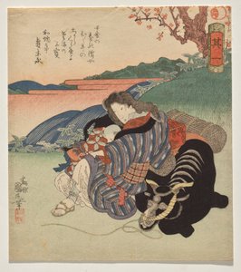 Bir öküze karşı oturan bir kadın ve çocuk by Utagawa Kunimaru