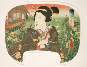Sonbahar, Hanayashiki: Pipolu bir geyşa, mevsimleri gösteren dörtlü setten bir yelpaze için tasarım, 1858-60 (tahta baskı)