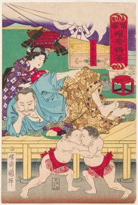 Combat deux enfants sumo devant Tachibana Muneshige (1567-1642). Kuniteru