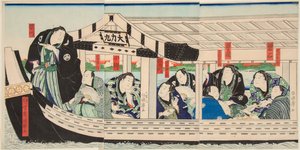 Sumo güreşçisi Dairiki Maru, arkadaşlarıyla bir teknede. Utagawa Kuniteru (1808-1876) tarafından basılmıştır