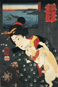 Kucağında kedi olan genç bir kadının yakın çekimi. by Utagawa Kuniyoshi