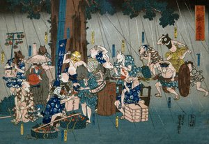 Yağmurdan Sığınan Komik Hayvanlar (Dōke kemono no amayadori), 1842 dolayları by Utagawa Kuniyoshi