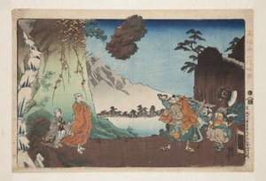 Nichiren ve 1274'ün Beşinci Ayının 28. Gününde Komuro Dağı'ndaki Havaya Yükselen Kaya (Bun'ei j? Ichi gogatsu nij? Hachinichi Komuroyama h? Durulamaki) (renkli tahta baskı) by Utagawa Kuniyoshi