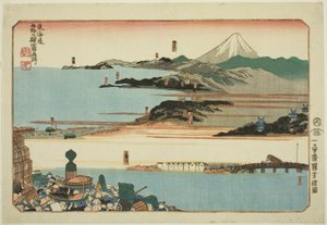 Nihonbashi, Shinagawa, Kawasaki ve Kanagawa, "Tokaido'nun Elli Üç İstasyonundaki Ünlü Yerler, Dört İstasyon (Tokaido gojusan eki yonshuku meisho)" dizisinden by Utagawa Kuniyoshi
