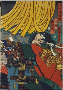 Kawanakajima kassen başlıklı renkli tahta baskı üç parçalı levha by Utagawa Kuniyoshi