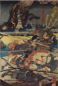 Shinshū Odai kassen no zu (Shinano Eyaletindeki Odai Muharebesi) başlıklı renkli tahta baskılı üç parçadan bir levha, Odai Akarokurō Yorisada'nın arka planda şatosu yanarken üç adama mızrak attığını tasvir ediyor: Japonya, Edo, Utagawa Kuniyoshi by Utagawa Kuniyoshi