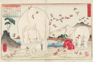 Filler ve bir serçe sürüsü yardımıyla tarla çapalayan Taishun, imzalı Ichiyusai Kuniyoshi ga, 1843 (renkli tahta baskı) by Utagawa Kuniyoshi