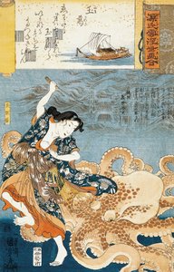 Tamatori (dişi ama dalgıç), Kutsal mücevheri kaparken ahtapot saldırısına uğramak by Utagawa Kuniyoshi