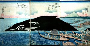 Yakalanan Bir Balinanın Etrafındaki İnsan Kalabalığı by Utagawa Kuniyoshi