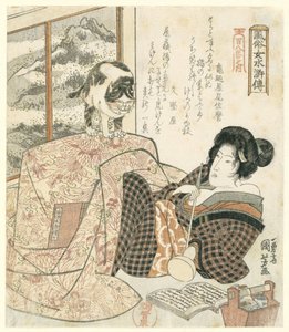 Masada kedi olan kadın Suikoden Kahramanları Olarak Zarif Kadınlar - Yüz Sekiz serisinden (dizi adı) Fûzoku onna Suikoden - Hyakuhachiban no uchi (nesne üzerinde seri başlığı) by Utagawa Kuniyoshi