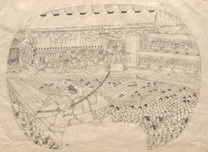 Kabuki Tiyatrosu'nun Yelpaze Şeklindeki Baskısı için Tasarım by Utagawa Sadahide