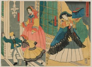 Yurtdışından Gelen Yabancı Tüccarların İkametgahının Resmi: Portekiz ve Güney Amerika, Edo dönemi, 1861 (renkli tahta baskı)