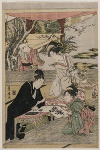 Genç adam bir masada yazma by Utagawa Toyohiro