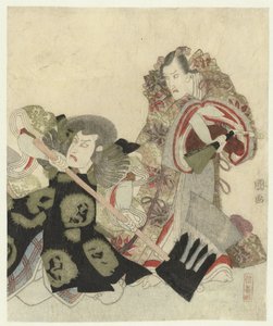 Ichikawa Danjûrô VII, Yoshimune no Munesada rolünde hayranla ve Ichikawa Omezô, Sekibei rolünde baltayla by Utagawa Toyokuni (I)