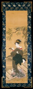 Bir verandada şamanını akort eden bir kadının tam boy portresi (sumi, gofun ve ipek üzerine renk); by Utagawa Toyokuni