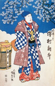 Kimonolu Japon aktör ve arka planda elma çiçekleri ile süslenmiş, Utagawa Toyokuni, gravür by Utagawa Toyokuni